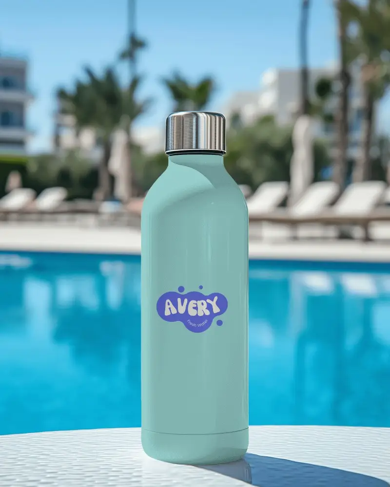 White Insulated Water Bottle Mockup Against Tropical Pool Background In Bright Sunlight
