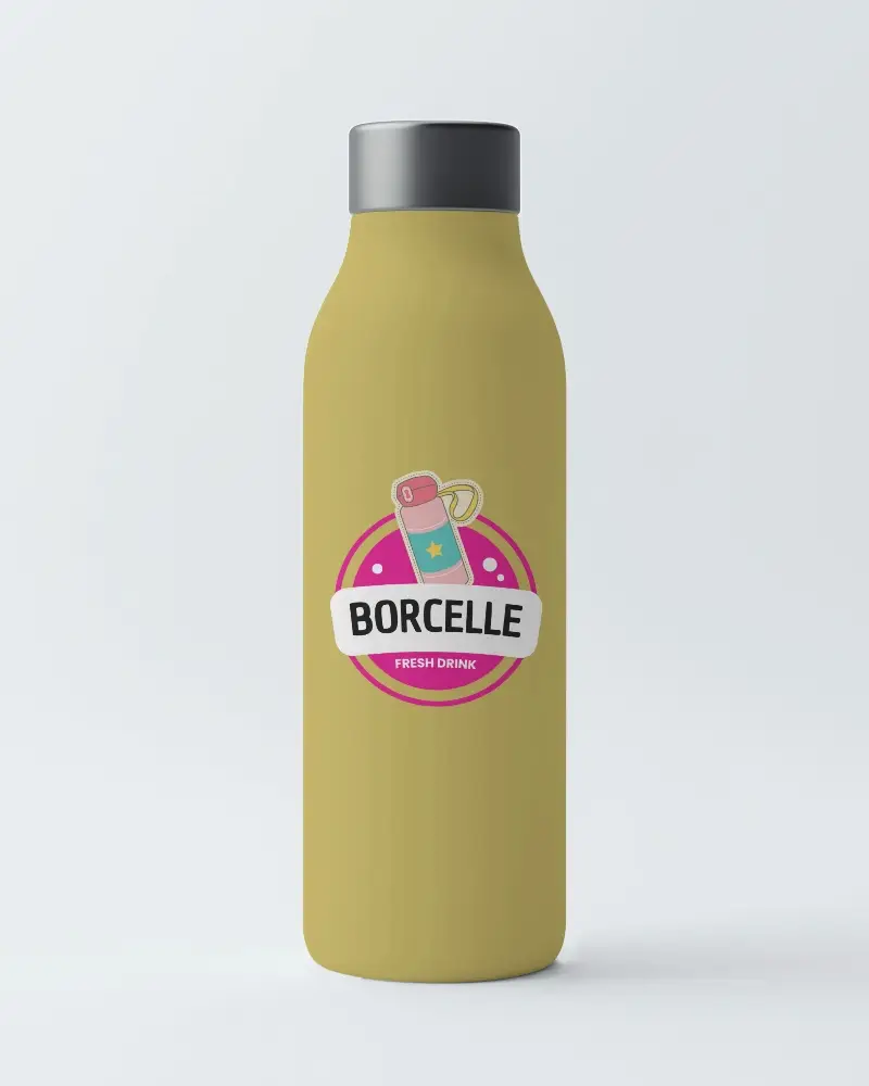 Customizable Plastic Bottle Mockup Featuring Blue And Beige Color Scheme With Bold Typography And Stylish Patterns