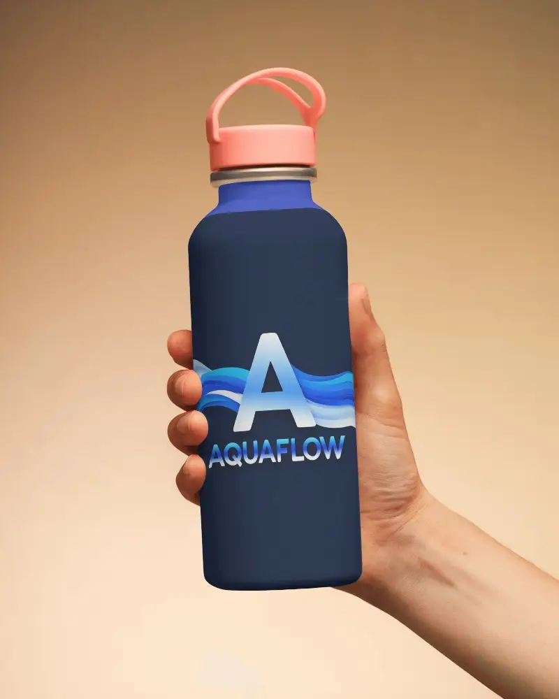 Hand Holding White Plastic Bottle Mockup With Modern Gradient Logo And Pink Handle Cap On Warm Toned Background