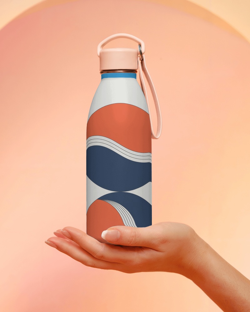 Hand Holding Elegant Plastic Bottle Mockup With Wavy Pattern And Pastel Pink Handle Against Soft Arch Background