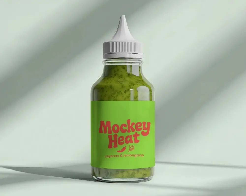 Realistic Sauce Bottle Mockup On Clean Soft Background With Custom Label And Drip Nozzle Cap Design