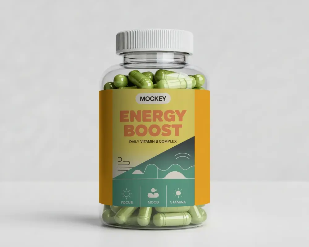 Supplement Bottle Mockup Front View Clear Capsule Jar With Blank Label On Minimal Studio Backdrop