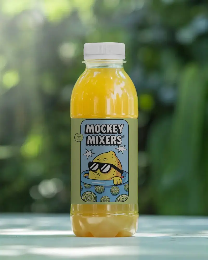 Plastic Juice Bottle Mockup With And Tropical Lighting Refreshing Drink Presentation