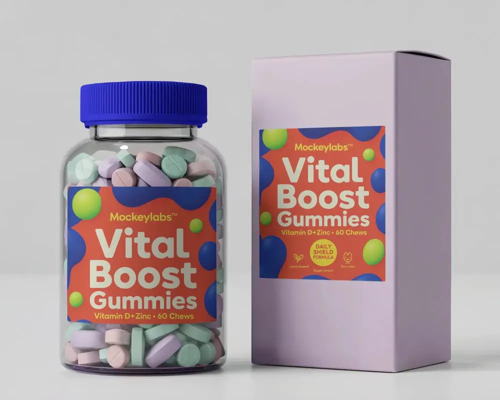 Glass Bottle Mockup With Box Minimal Layout Used For Vitamin Supplement Healthcare Packaging