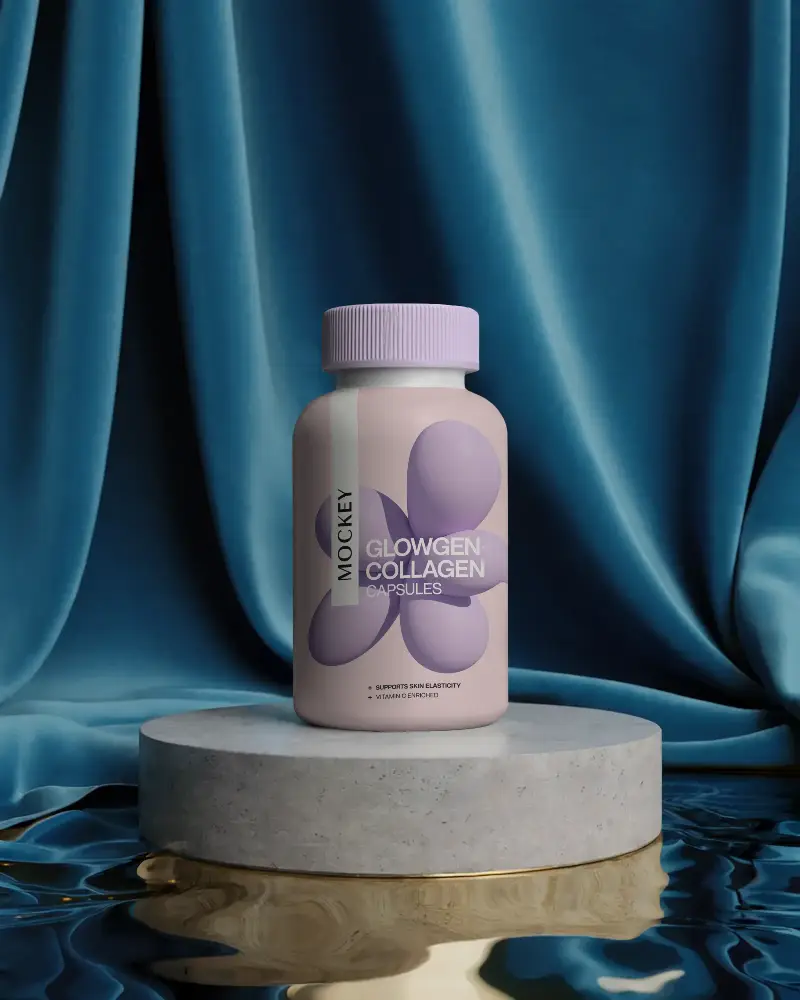 Premium Pill Bottle Mockup Standing On Round Concrete Pedestal With Reflective Surface Backdrop