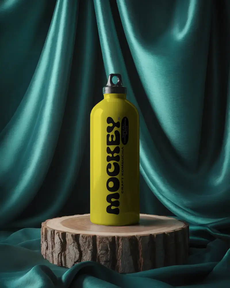 Sleek Minimalist Metal Water Bottle Mockup On Natural Wood Platform With Luxury Fabric Backdrop
