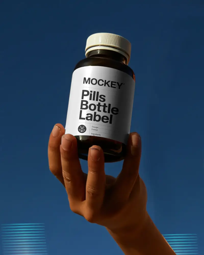 Hand Holding Frosted Glass Bottle Mockup For Supplement Packaging Design Presentation