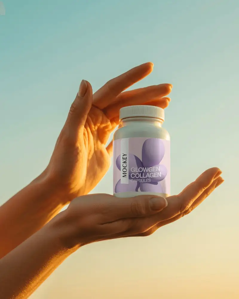 Human Hands Presenting Pharmaceutical Bottle Mockup With Clear Label Space For Custom Branding