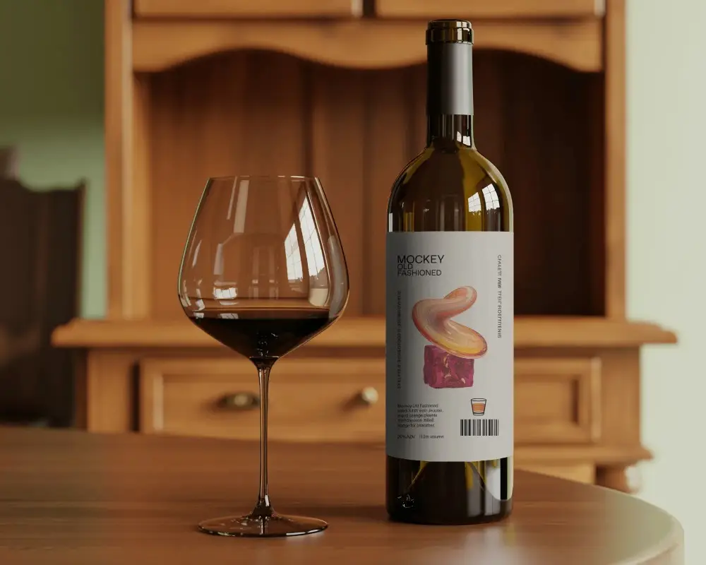 Premium Wine Bottle Mockup Display With Glass Filled With Wine On Elegant Wooden Surface Setting