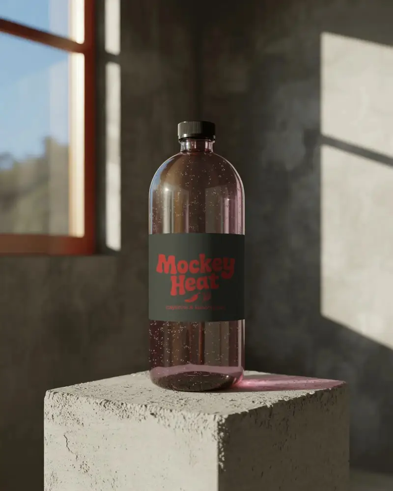 Transparent Bottle Mockup With Label On Concrete Pedestal In Natural Light Setting