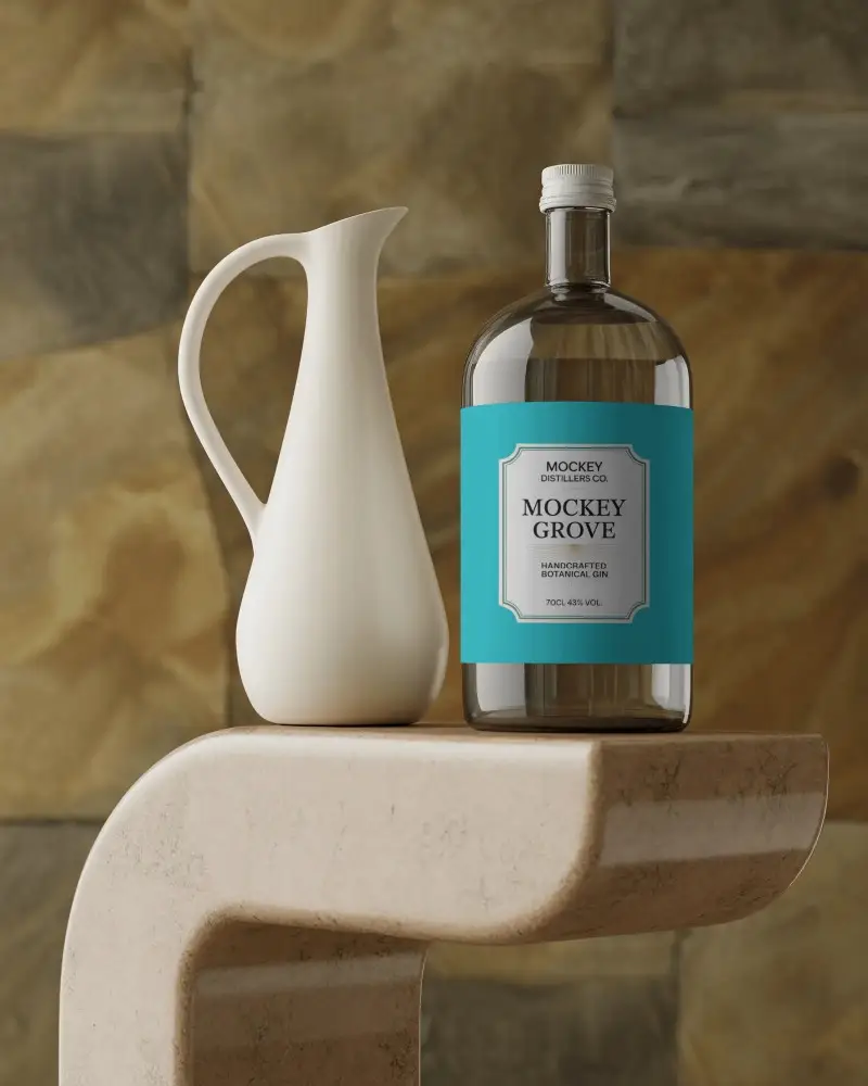 Elegant Minimalist Bottle Mockup With Clean Label And Sleek Porcelain Pitcher On Stone Stand