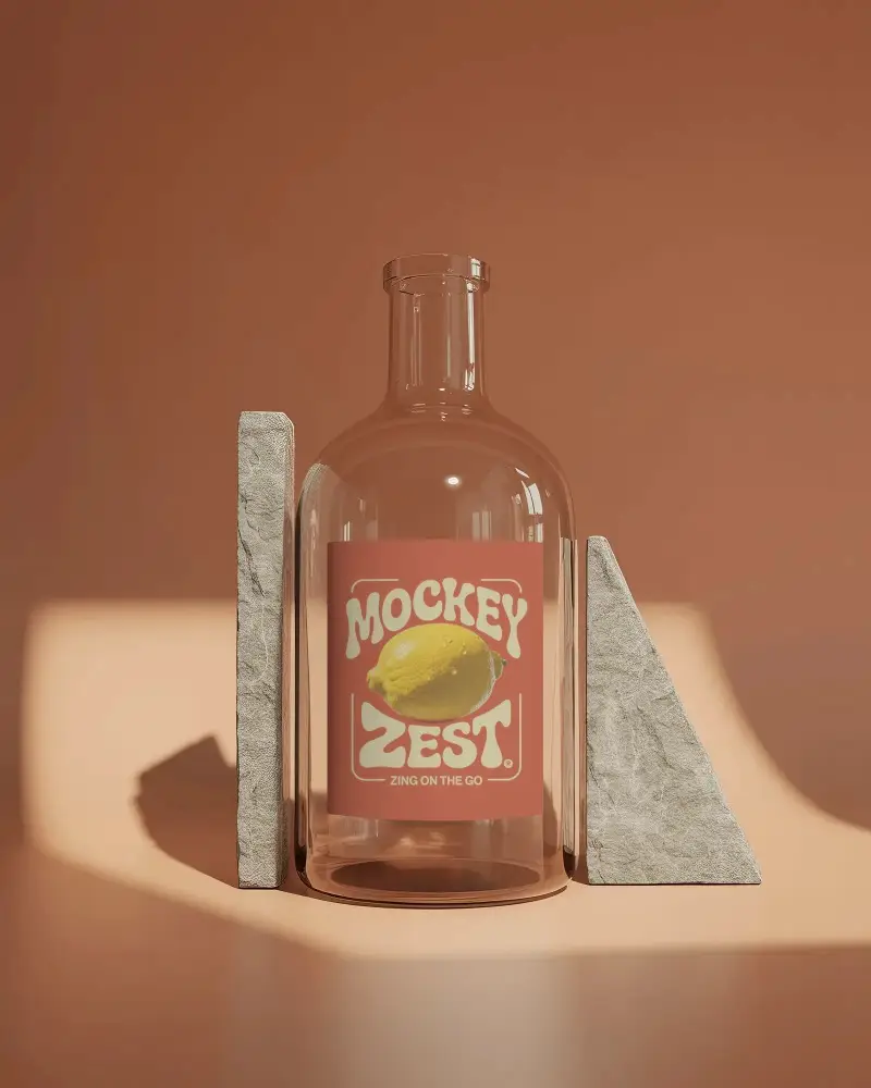 Elegant Glass Bottle Mockup With Minimalist Stone Stands For Luxe Packaging Presentations