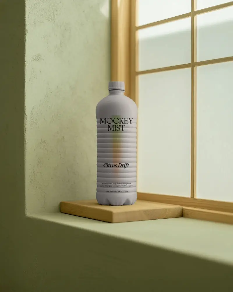 Premium Textured Water Bottle Mockup Placed On Wooden Platform Next To Window Frame