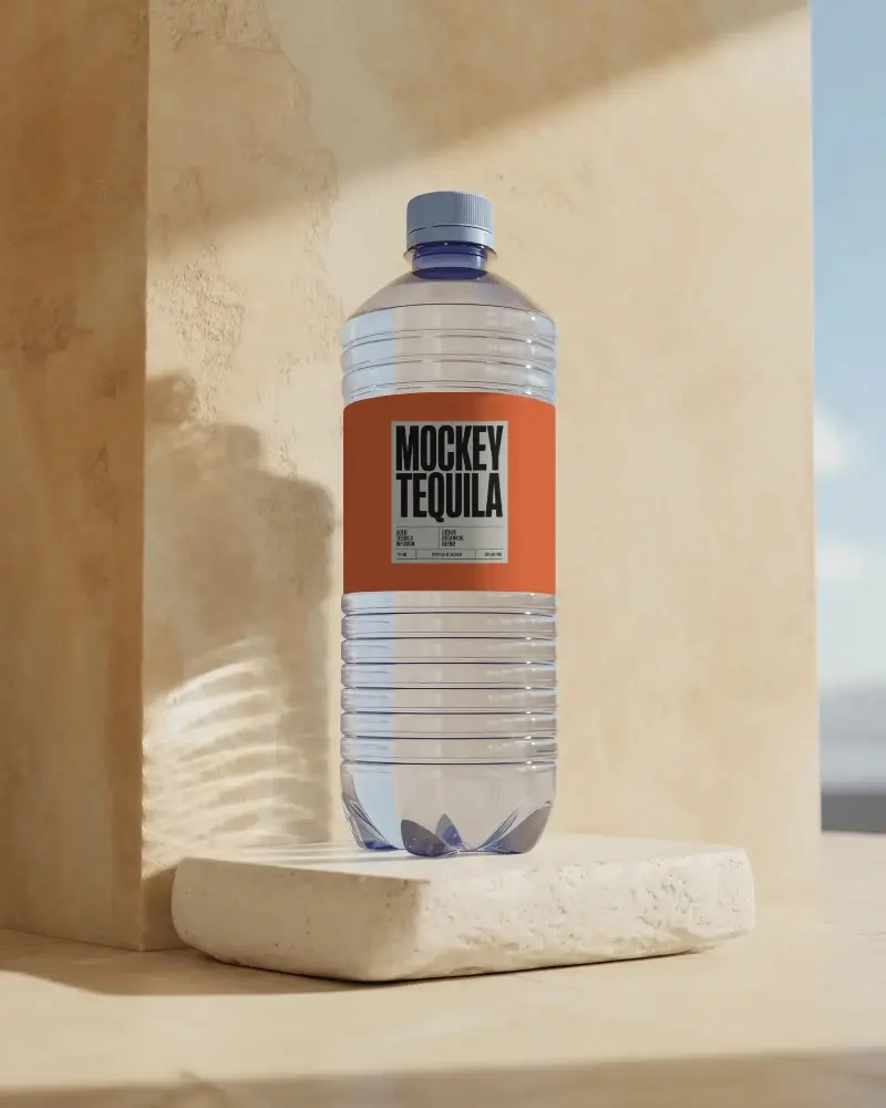 Realistic Transparent Water Bottle Mockup Showcasing Brand Label On Minimalist Background
