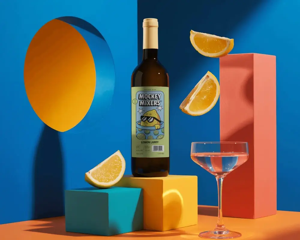 Sleek Bottle Mockup Displayed With Cocktail Glass And Floating Orange Wedges In Vibrant Background