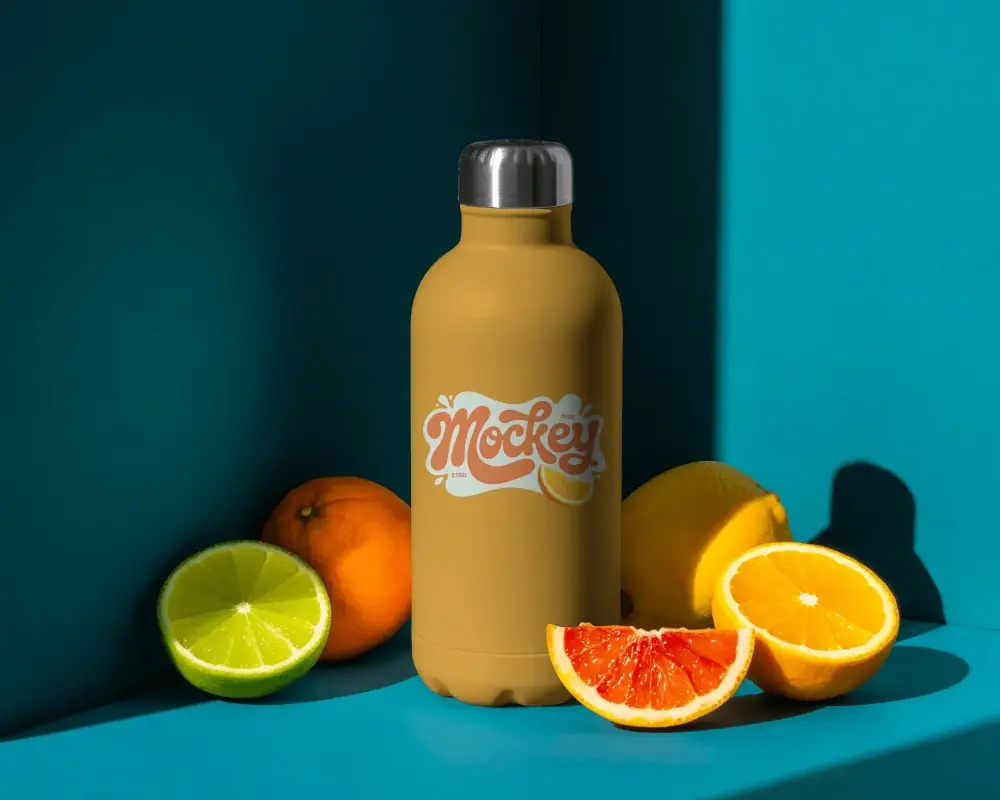 Sleek Insulated Water Bottle Mockup With Citrus Fruits For Refreshing Beverage Promotion
