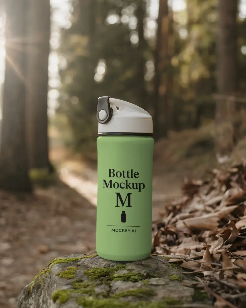 Outdoor Plastic Bottle Mockup With Sports Cap Placed On Forest Rock During Golden Hour Perfect For Hiking And Fitness Brand Promotion