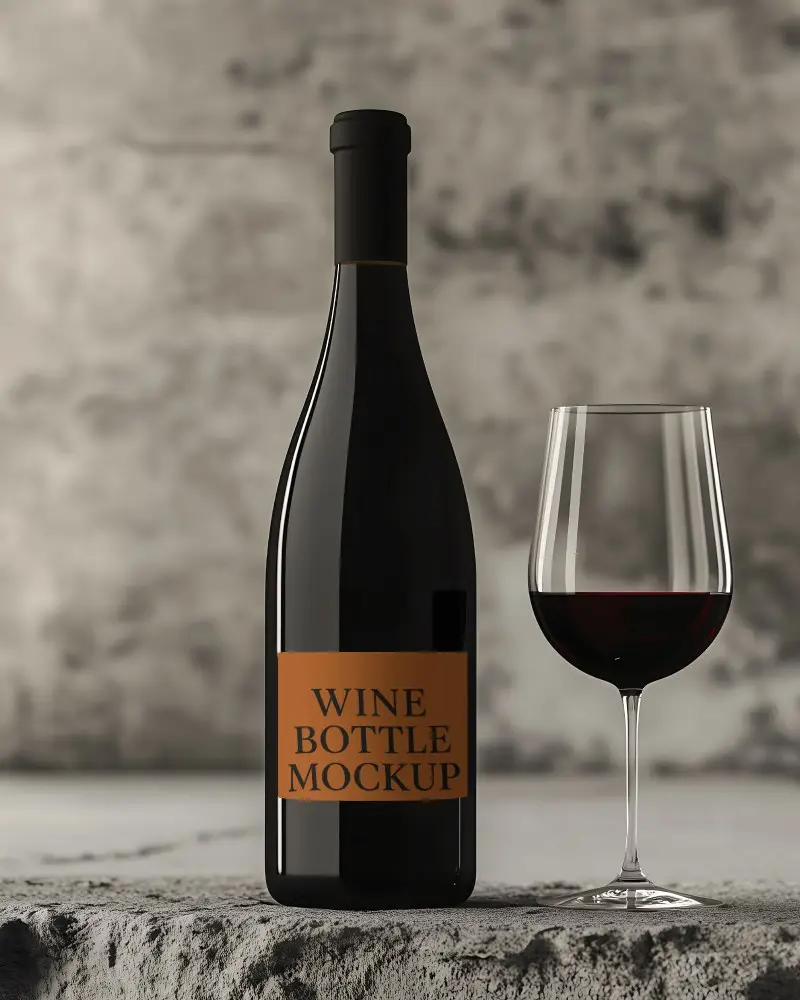 Classic Wine Bottle Mockup On Textured Stone Platform With Gourmet Ambience And Refined Lighting For Vineyard Branding