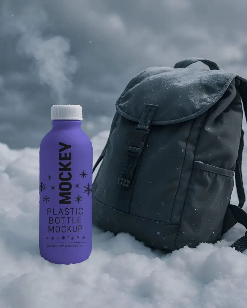 Plastic Bottle Mockup In Snowy Landscape With Steam Effect And Backpack Ideal For Winter And Outdoor Gear Branding