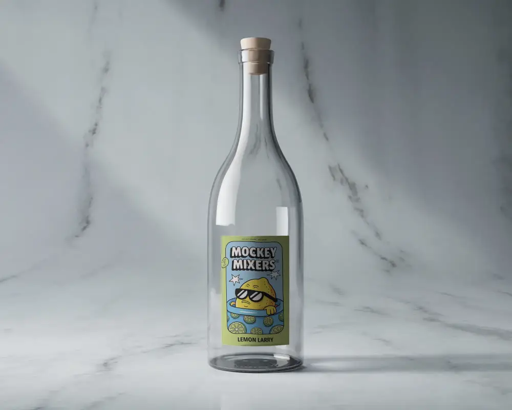 Luxury Glass Bottle Mockup On Marble Surface With Cork Top And Clean Blank Label In Soft Light 0163