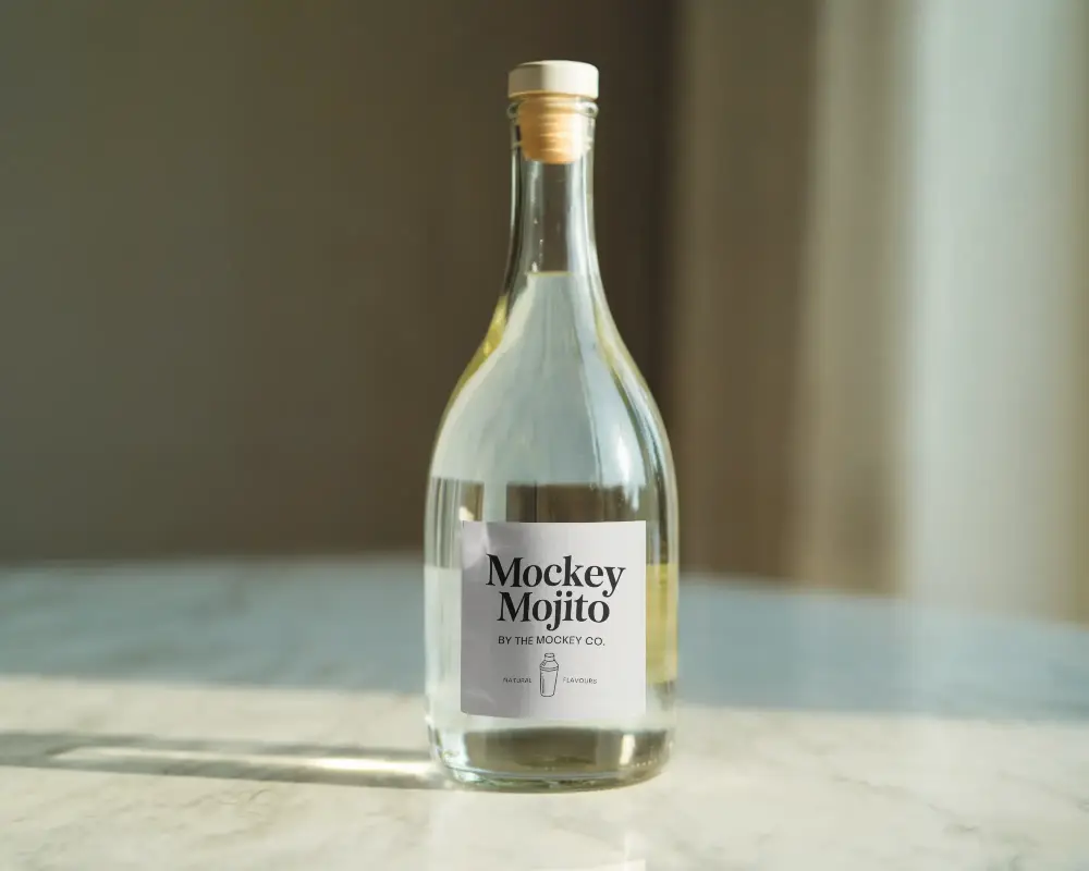 Sunlit Minimal Bottle Mockup On Marble Surface With Soft Shadow And Elegant White Label Front 0164