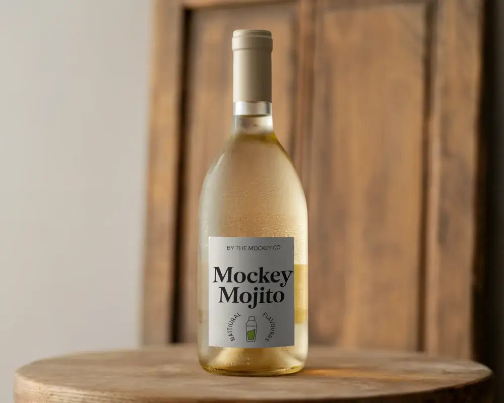 Rustic Wooden Backdrop Bottle Mockup With Condensed Glass And Blank Label On Wooden Stool 0165