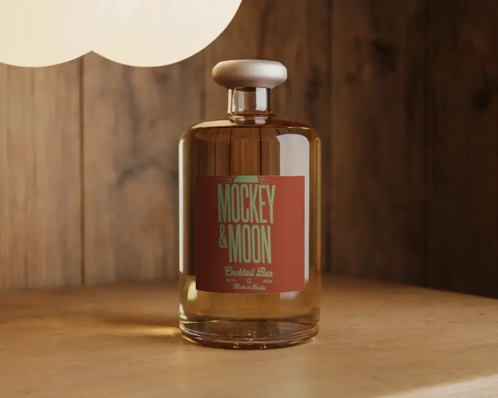 Ambient Wooden Shelf Bottle Mockup With Glass Decanter And Soft Lamp Lighting In Cozy Interior 0166