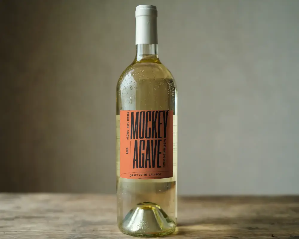 Classic White Wine Bottle Mockup On Wooden Surface Against Neutral Wall With Condensation Details 0168