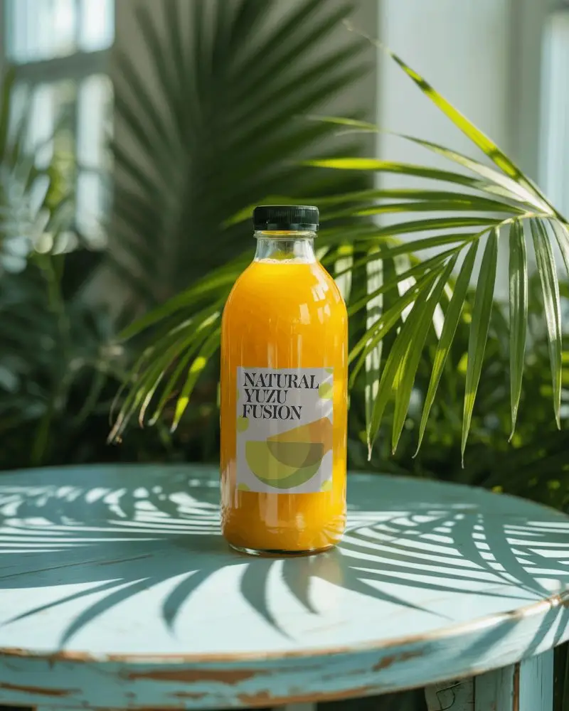 Glass Bottle Juice Mockup With Black Label On Blue Table And Natural Greenery Background 0181