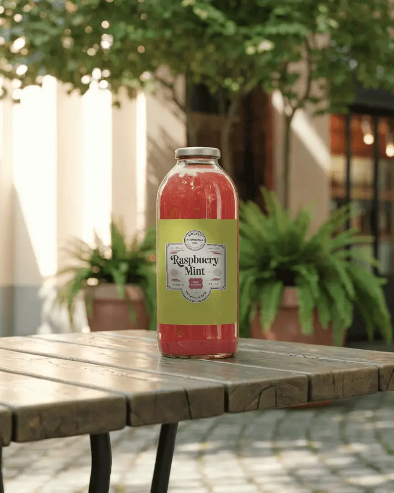 Bottle Mockup For Natural Juice Packaging On Rustic Wooden Table Outdoor Scene