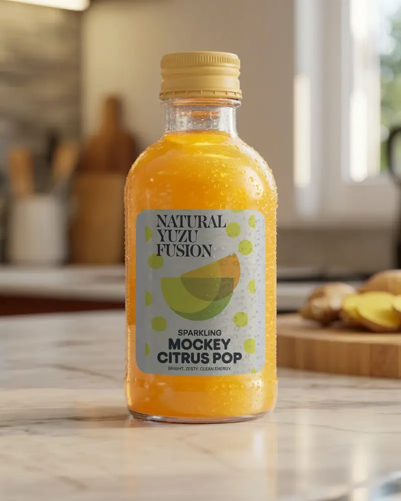 Chilled Orange Drink Bottle Mockup On Marble Counter In Natural Daylight Modern Kitchen 0196
