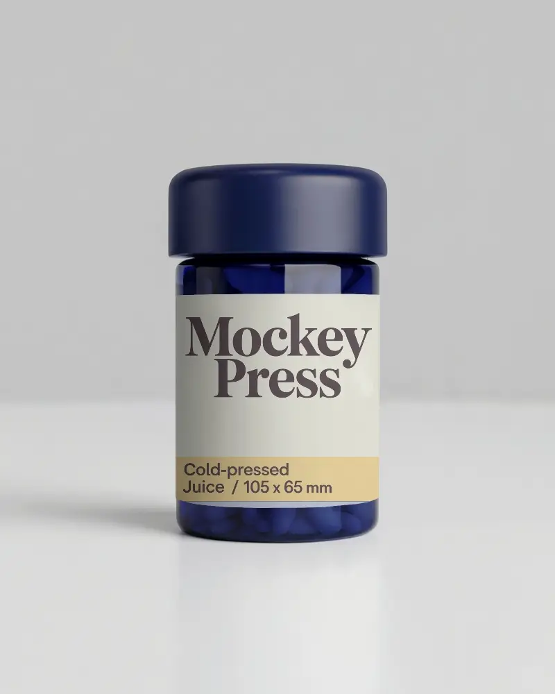 Blue Supplement Bottle Mockup On Clean White Surface With Minimal Label And Soft Light 0197