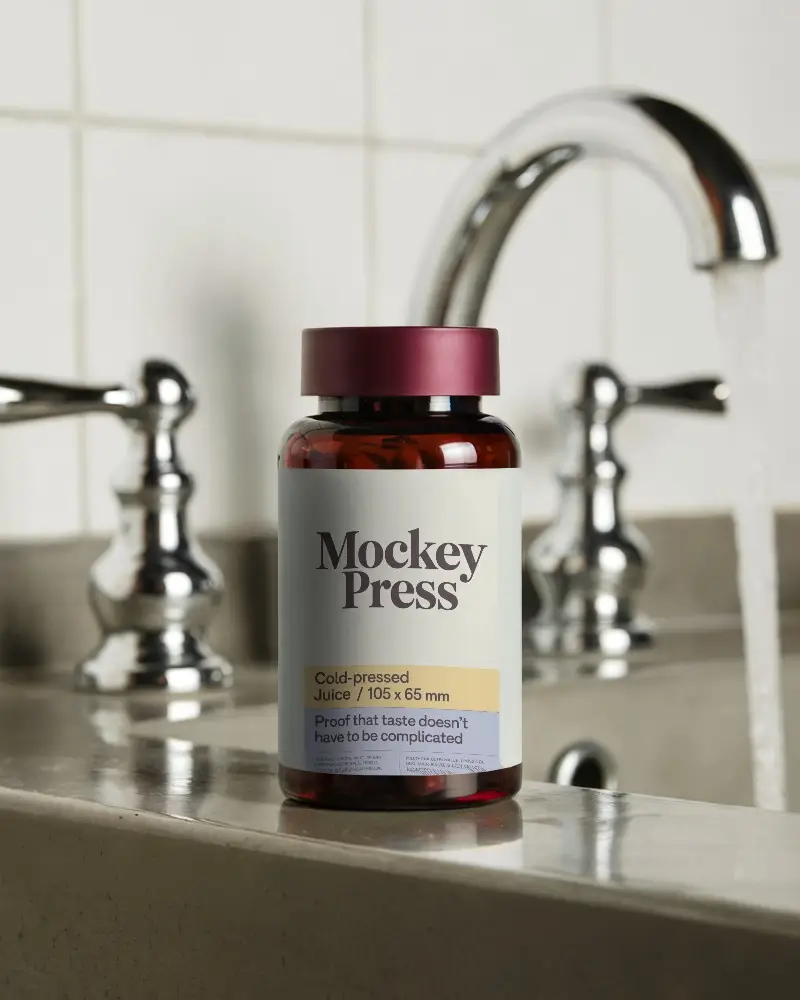 Medicine Bottle Mockup On Bathroom Counter With Running Water Background Display 0208