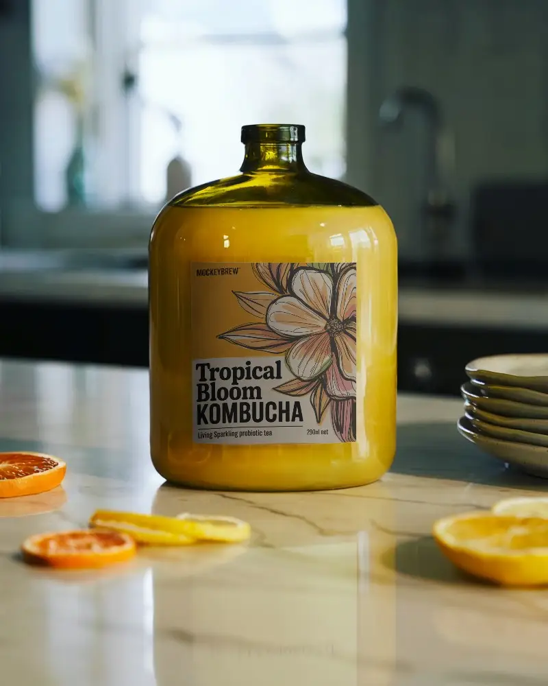 Large Glass Bottle Mockup With Black Label On Marble Countertop For Branding 0212