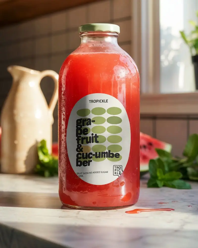 Fresh Fruit Juice Bottle Mockup On Marble Table With Natural Lighting Background 0219