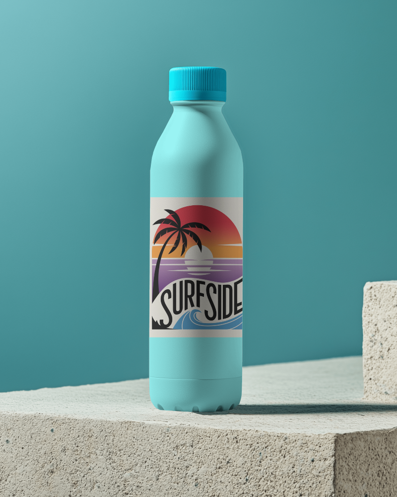 Minimalist Bottle Mockup White Bottle With Blue Cap On Textured Surface Against Teal Background Clean And Modern Design 024