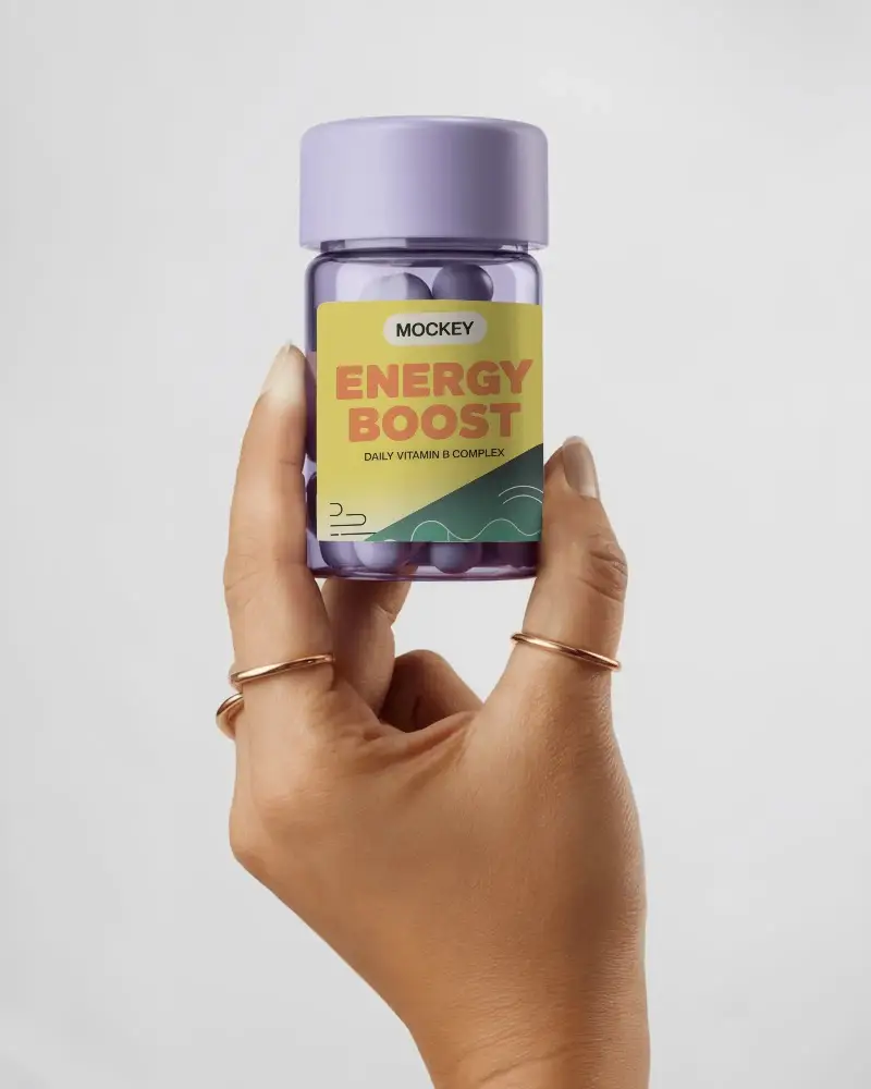 Minimalist Hand Held Medicine Bottle Mockup With Clear Label Space Design