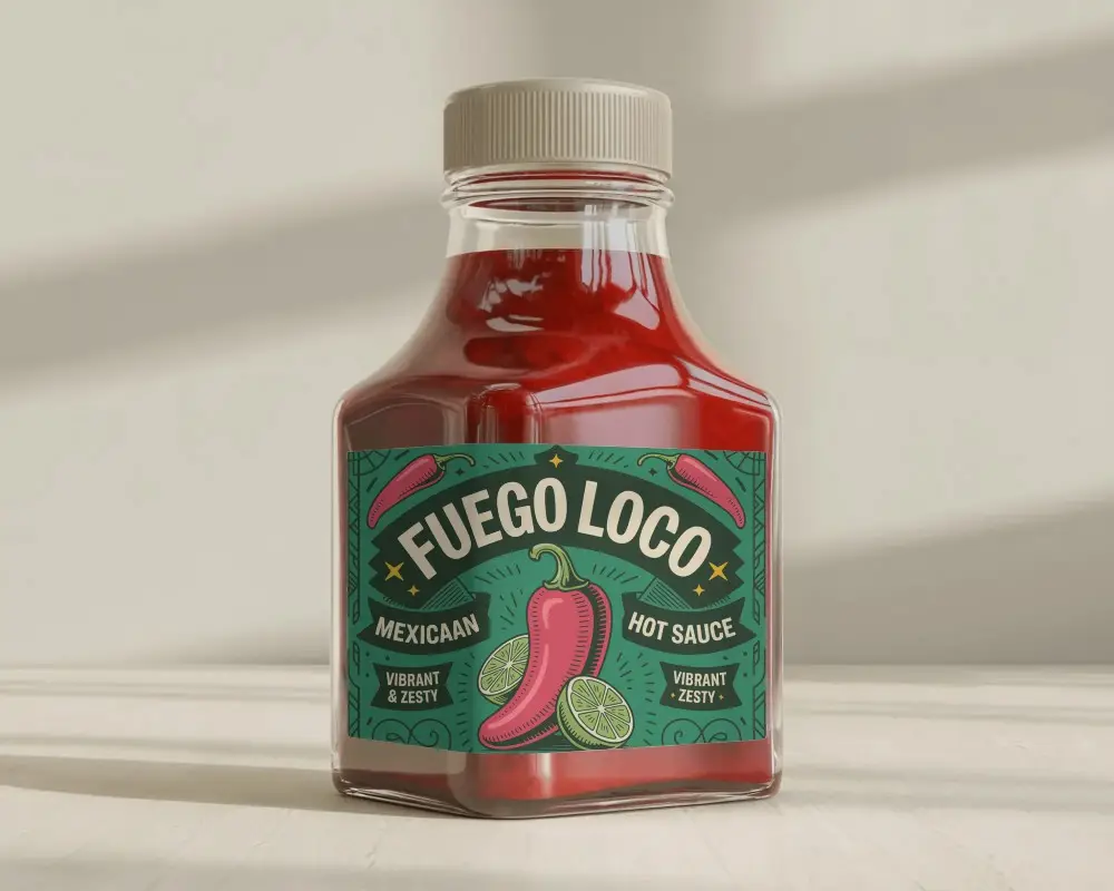 Square Glass Sauce Bottle Mockup With Tamper Evident Cap On Minimalist Background