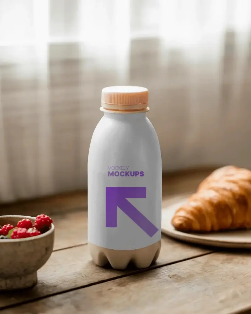 Reusable Customizable Empty Bottle Mockup For Beverages On Wooden Table With Breakfast Setup