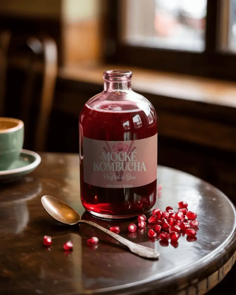 Premium Glass Bottle Mockup With Fruit Juice And Scattered Pomegranate Seeds On Wooden Table 0273