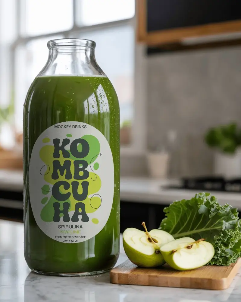 Fresh Green Juice Bottle Mockup On Marble Counter With Kale And Sliced Apple 0274