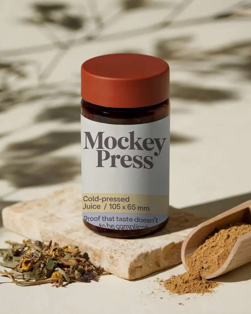 Amber Glass Bottle Mockup With Herbal Spices Natural Supplement Packaging Presentations 0277