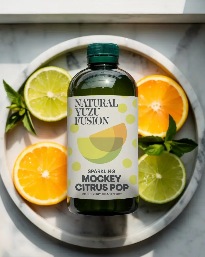 Blank Label Bottle Mockup Placed On Plate Surrounded By Fresh Sliced Fruits And Herbs 0278