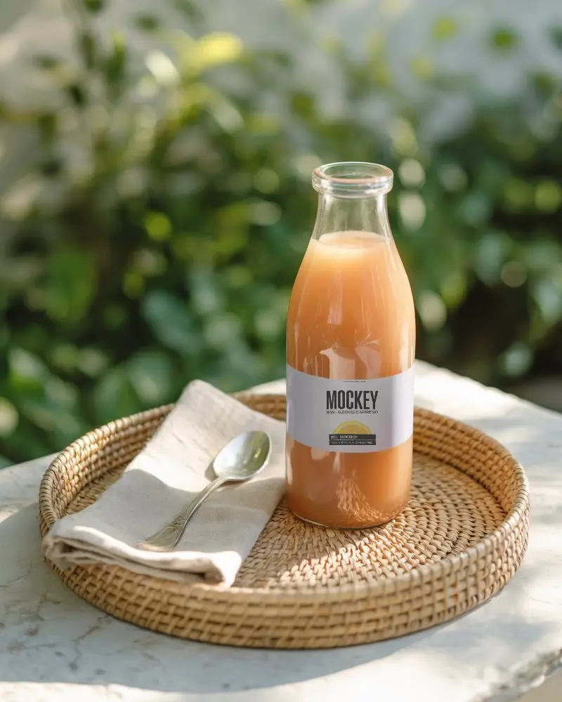Natural Organic Beverage Bottle Mockup On Rattan Tray With Cutlery And Napkin 0279