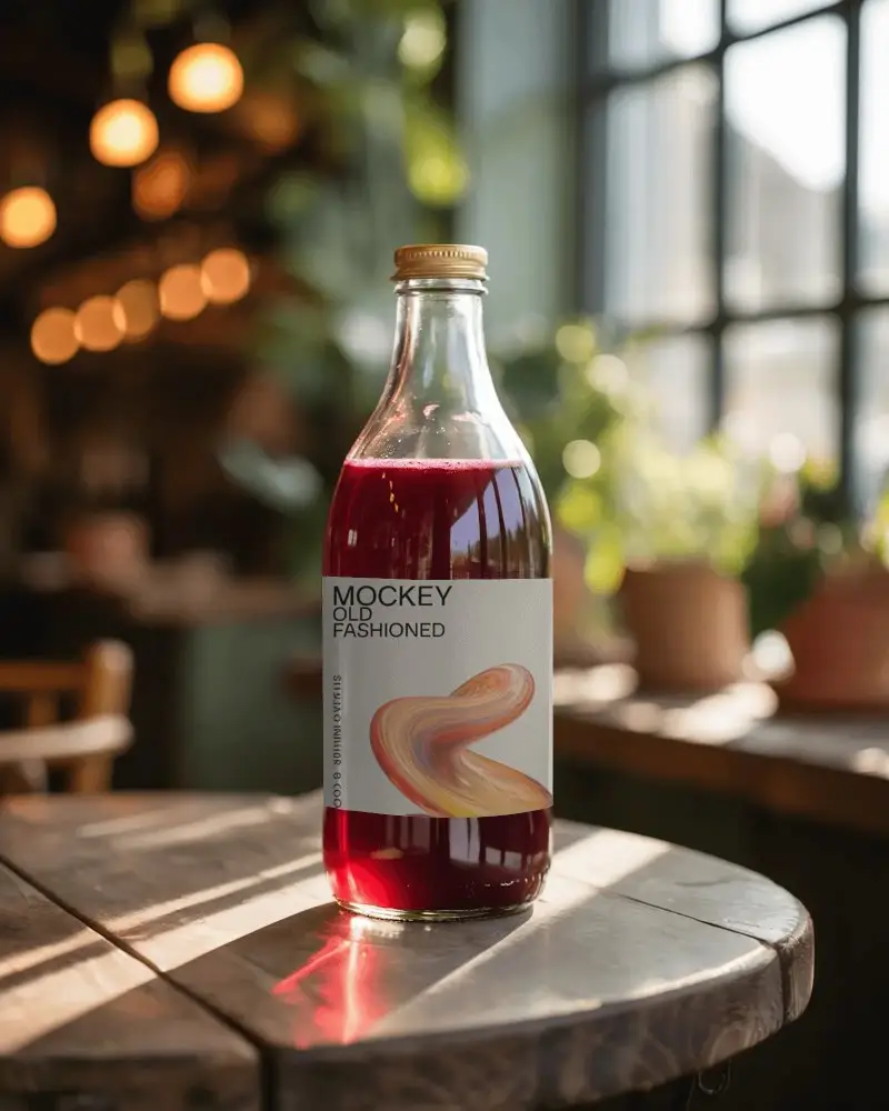 Glass Bottle Mockup For Beverage Packaging Designs On Wooden Table With Natural Light