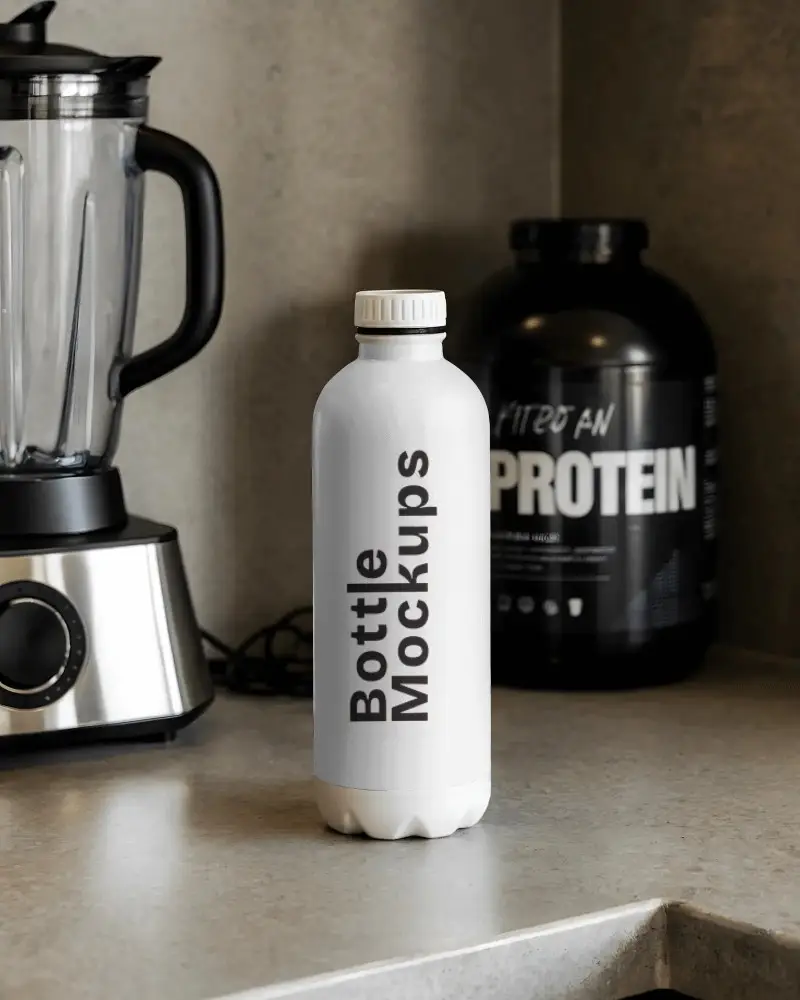 Sleek Reusable Water Bottle Mockup On Kitchen Counter For Health And Wellness Products