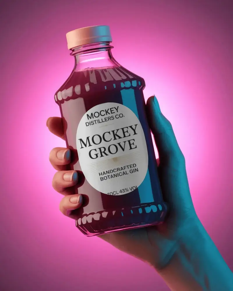 Realistic Hand Holding Clear Glass Bottle Mockup For Product Packaging Design Presentation