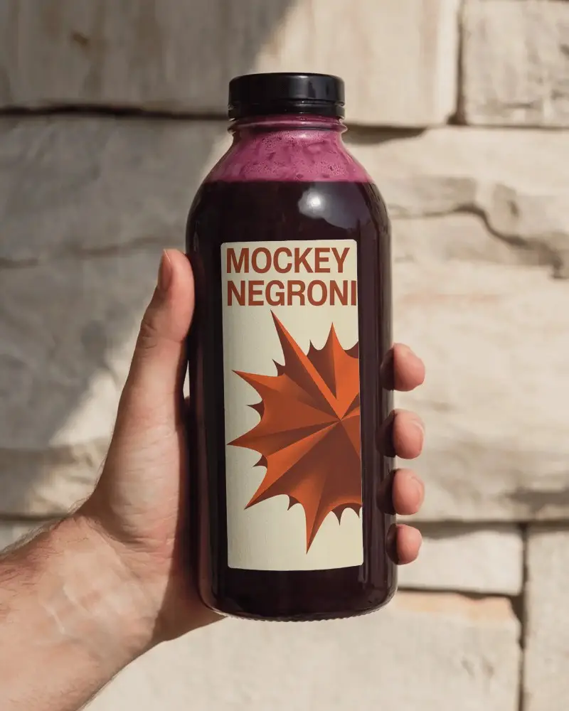 Hand Holding Clear Glass Bottle With Blank Label For Beverage Or Juice Mockup Use