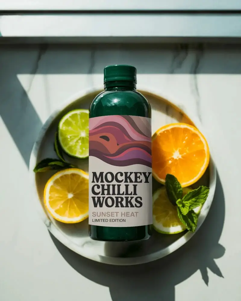 Natural Juice Bottle Mockup With Citrus Fruits And Fresh Herbs On Marble Plate