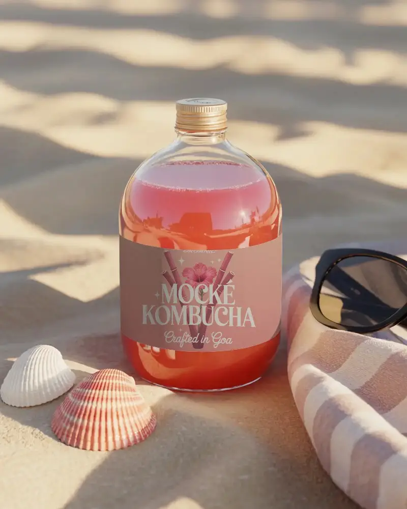 Elegant Round Bottle Mockup For Product Label Design On Sand With Shells And Sunglasses